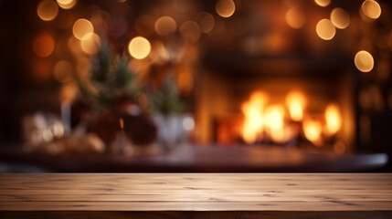 木のテーブルと背景にある薪ストーブ