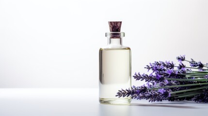 A bottle of lavender oil next to a bunch of lavender flowers.