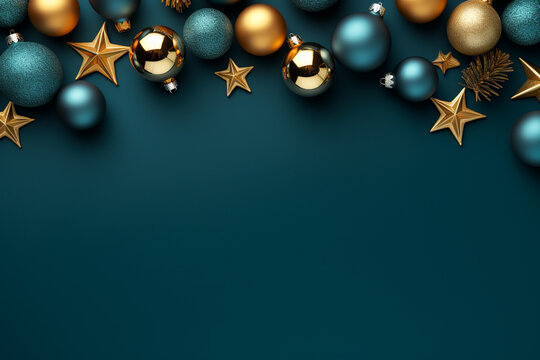 Christmas or New Year background with blue and golden baubles. 3d rendering