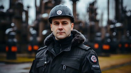 Técnico Sorridente em Uniforme de Segurança em Refinaria de Petróleo.