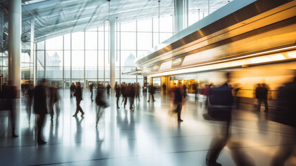 Busy Airport or Subway Terminal Hub Interior with Many People Moving Walking in Motion Blur for Travel at Angled View with Warm and Cool Colors, Vaulted Ceiling