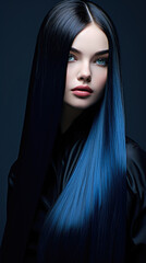 A woman with long blue hair and a black shirt.