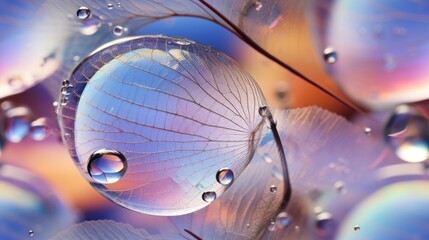  a close up of a water droplet on a leaf with drops of water on the leaves and the sky in the background.  generative ai