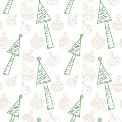 Seamless abstract pattern with balls, toys, pine trees, stars. Beige, green, white. Vector. Christmas. Designs for textile fabrics, wrapping paper, background, wallpaper, cover.