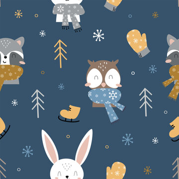 Seamless vector pattern with cute woodland animals in winter. For textile, wallpaper or print design. Vector illustration