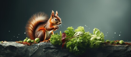 A lettuce consuming squirrel perched on a rock - obrazy, fototapety, plakaty