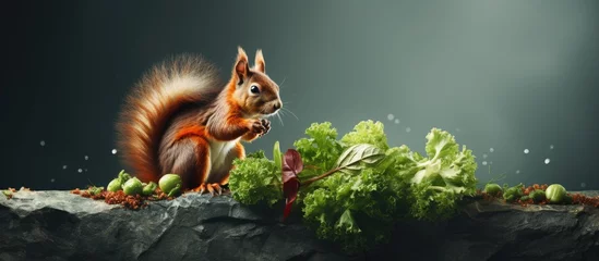Foto op Canvas A lettuce consuming squirrel perched on a rock © AkuAku