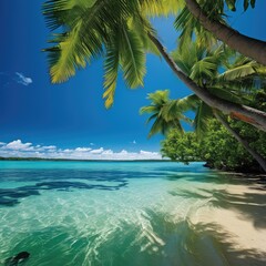 Tranquil Beach with Palm Trees and Blue Ocean