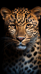 Portrait of leopard isolated on black background. AI generated content.