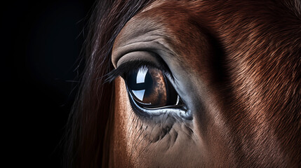 Eye of red horse with mane on dark background. Macro studio shot. AI generated content. 