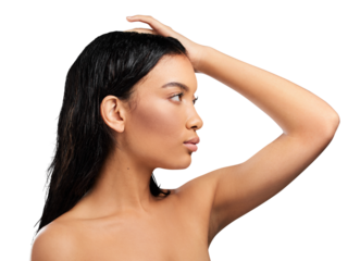 Profile, woman and skincare with glow, cosmetics and dermatology isolated on a transparent background. Person, girl and model with grooming routine, treatment and smooth with shine, png and aesthetic