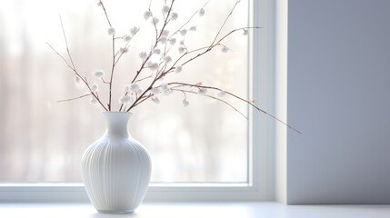 A white vase with some branches in it.