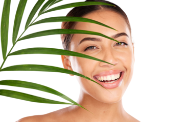Leaf, skincare and portrait of woman with natural, beauty or organic cosmetics on isolated, transparent or png background. Plant, face and model with eco, dermatology or glowing treatment results
