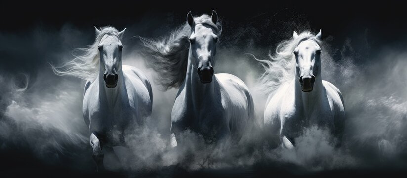 Black background with abstract concept of white horses Suitable for wallpaper canvas art decoration banners t shirt designs and advertising