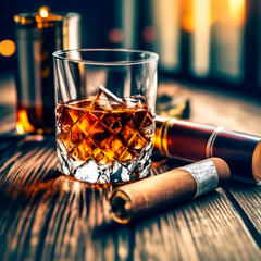 glass of whiskey and cigar