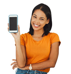 Isolated woman, blank phone and portrait with smile for mockup space by transparent png background....