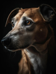 Close up of a dog staring at the camera on a black background.