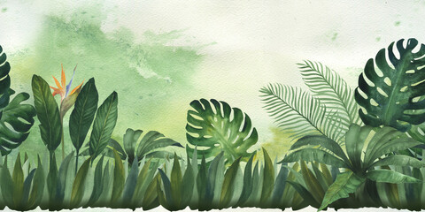 Watercolor illustration banner, frame or template composition of tropical leaves. Seamless print for children's wallpaper. Green tropical plants, hand drawn, on abstract background