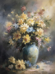 Obraz na płótnie Canvas Painting of flowers in a blue vase.