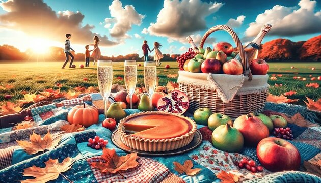 Thanksgiving celebration. Children play in an autumn field while a picnic spread showcases a pumpkin pie, sparkling wine, fresh fruits, and colorful fall leaves. Generative AI.