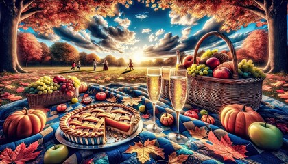 Thanksgiving celebration. A vibrant autumn scene with families enjoying, intricate pie, fruits in a basket, and sparkling drinks beneath a majestic tree. Generative AI.