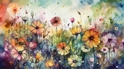 Fototapeta na wymiar Watercolor painting of colorful flowers.
