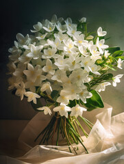 White flowers in a vase on a table.
