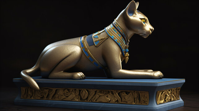 An egyptian statue of a cat sitting on top of a table