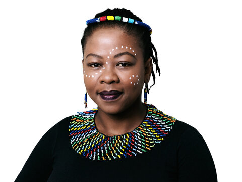 Portrait, culture or tradition with a black woman in an outfit isolated on a transparent background. Face, makeup and jewelry with a person in African fashion or cosmetic paint on PNG for heritage