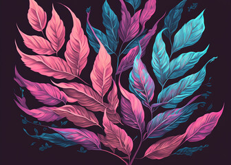 pink and blue leaves on a dark background