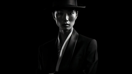 An asian man in a black suit and hat standing in the dark