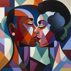 An abstrtact painting of two people kissing 