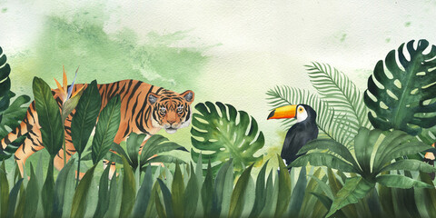 Watercolor illustration banner, frame or template composition of tropical leaves, tiger and bird toucan. Seamless print for children's wallpaper.