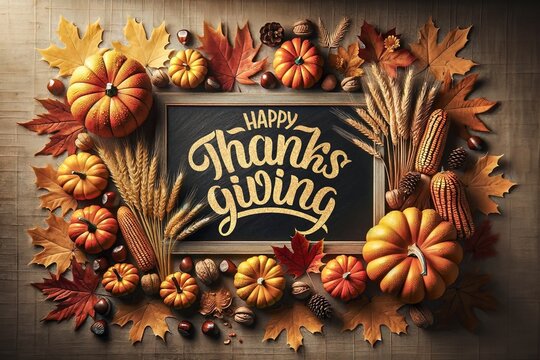 Thanksgiving themed image featuring a chalkboard with 'Happy Thanksgiving' message, surrounded by radiant pumpkins, autumn leaves, and wheat. Generative AI.