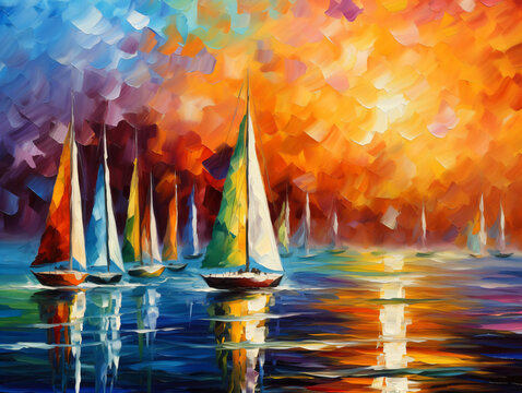 A colorful impressionist painting of sailboats in the sea