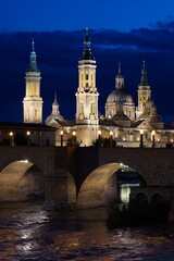Cathedral-Basilica of Our Lady of the Pillar at night, Zaragoza, Spain