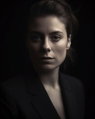 Obraz premium A woman in a black suit with a serious look on her face