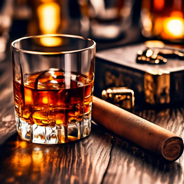 glass of whiskey and cigar