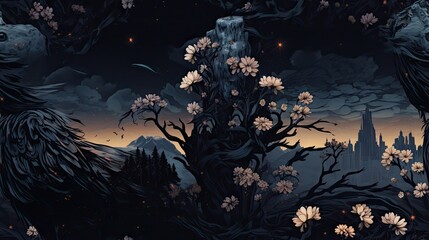 Fototapeta premium a painting of a night scene with flowers in the foreground and a castle in the distance in the background. generative ai