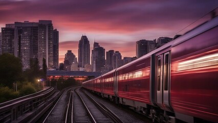 Fototapeta premium motion blur train at sunset A rapid train that zooms through an urban area at dusk. The train is silver and red, 