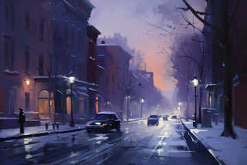 Fototapeta na wymiar A painting of a city street covered in snow at night