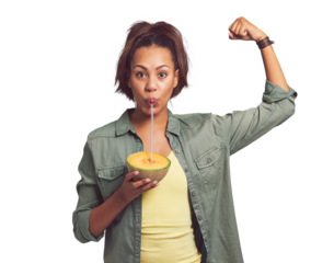Portrait, arm and a woman drinking a melon with a straw isolated on transparent background for strong muscles. Food, fruit and juice with a young person flexing her bicep on PNG for diet or nutrition