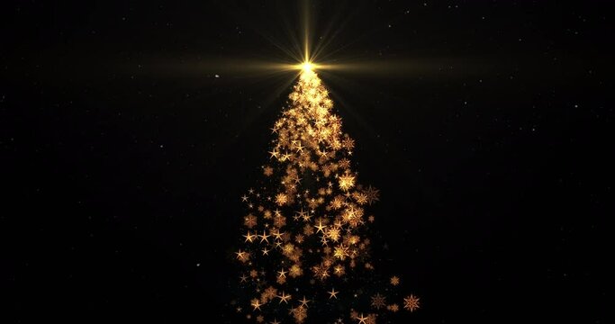 Bright Christmas tree with twinkling lights stars and snowflakes floating on black background. Winter holidays, New Year, festive decorations concept. Seamless looping animation 4k