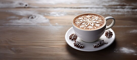 banner Coffee cups with Christmas snowflake latte art, holidays food art for Merry Christmas and Happy New Year, copyspace. - obrazy, fototapety, plakaty