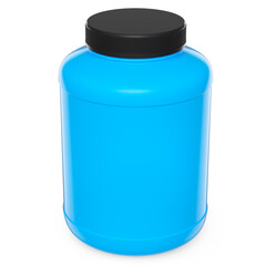 Blue plastic jar for sport nutrition whey protein powder isolated on white