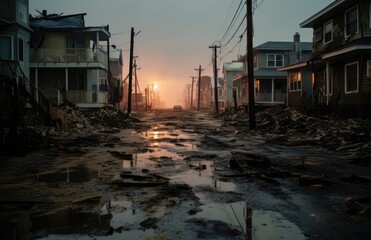 Desolate City Skyline at Dusk Reflections on Water Amidst Abandoned Buildings