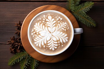 Obraz na płótnie Canvas Coffee cup with Christmas snowflake latte art, holidays food art for Merry Christmas and Happy New Year.