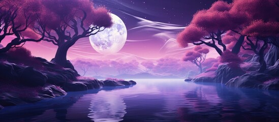 A dreamlike scenery made up of a purple forest and a petite river creating an abstract and enchanting landscape - obrazy, fototapety, plakaty