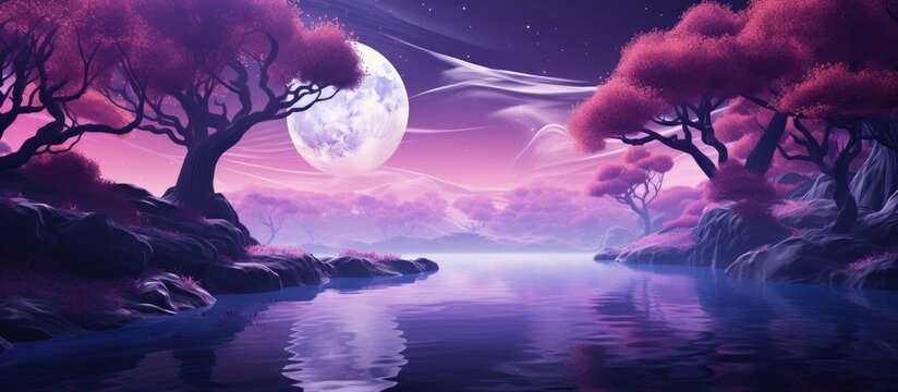 A dreamlike scenery made up of a purple forest and a petite river creating an abstract and enchanting landscape