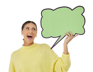 Social media, excited and woman with speech bubble for opinion, advertising and sign. Poster, billboard and isolated person for feedback, announcement and voice on png transparent background